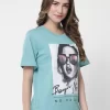 Over Size T Shirt Women Graphic Print Round Neck Light Blue T-Shirt - Image 3